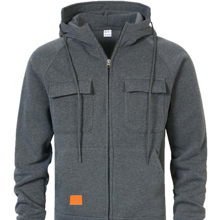 Mens Loose Fit Hoodie Stand Collar Multiple Pockets in gray with front pockets and zipper closure.