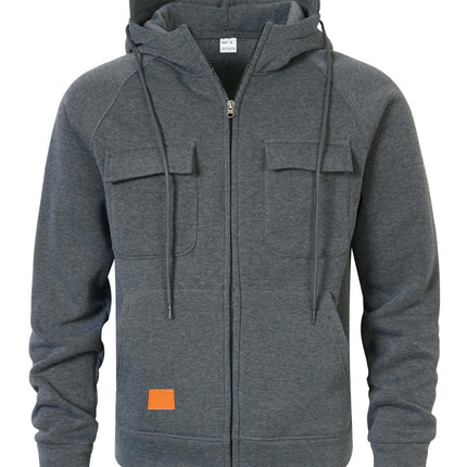 Mens Loose Fit Hoodie Stand Collar Multiple Pockets in grey with zip and front pockets.