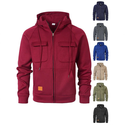 Mens Loose Fit Hoodie Stand Collar Multiple Pockets in maroon with additional color options displayed.