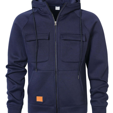 Mens Loose Fit Hoodie Stand Collar Multiple Pockets in navy blue with front pockets and zipper closure.