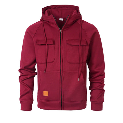 Mens Loose Fit Hoodie Stand Collar Multiple Pockets in maroon color with a zip and front pockets.