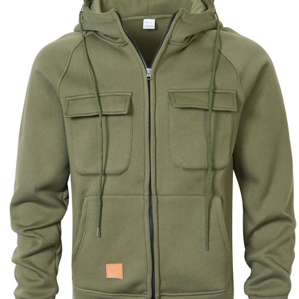 Mens Loose Fit Hoodie Stand Collar Multiple Pockets in olive green with two front pockets and a zip-up design.