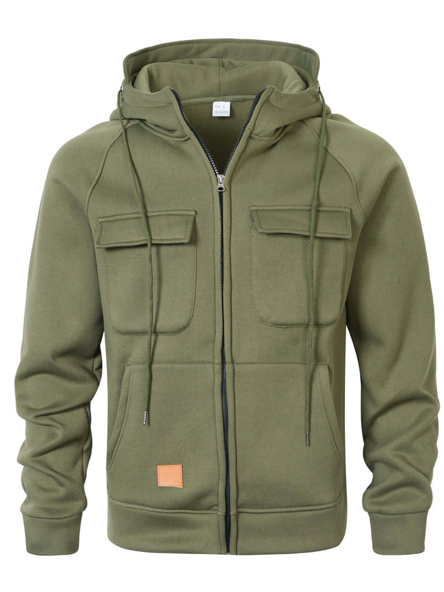 Mens Loose Fit Hoodie Stand Collar Multiple Pockets in olive green with two front pockets and a zip-up design.