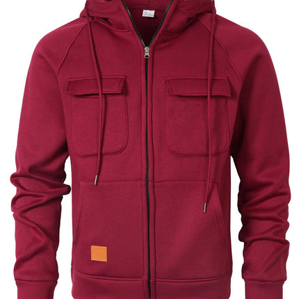 Mens Loose Fit Hoodie Stand Collar Multiple Pockets in burgundy color with zipper and multiple pockets