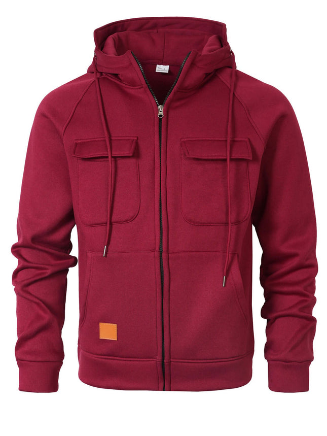 Mens Loose Fit Hoodie Stand Collar Multiple Pockets in burgundy color with zipper and multiple pockets