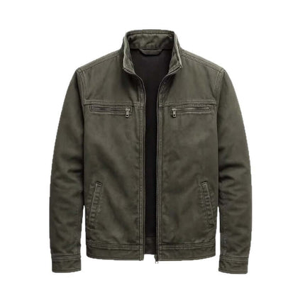 Mens Loose Fit Spring Workwear Jacket in olive green with zippered pockets and a sleek design.