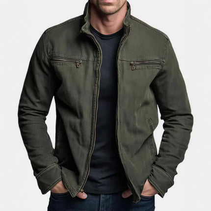 Mens Loose Fit Spring Workwear Jacket in olive green, featuring a zippered front and two chest pockets.