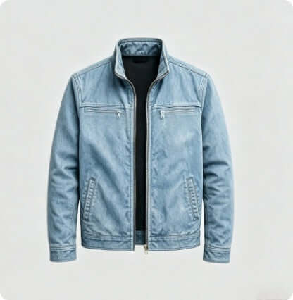 Mens Loose Fit Spring Workwear Jacket in light denim with zippered pockets and standing collar.