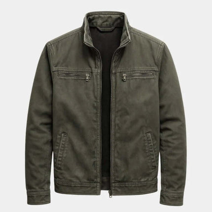 Mens Loose Fit Spring Workwear Jacket in olive green with zippered pockets and a stylish collar.