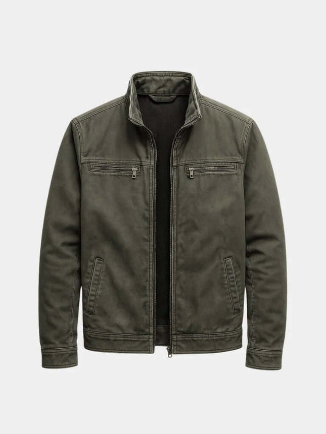 Mens Loose Fit Spring Workwear Jacket in olive green with zippered pockets and a stylish collar.