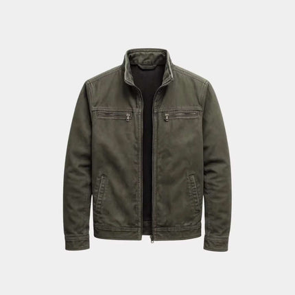 Mens Loose Fit Spring Workwear Jacket in olive green, featuring a zip front and two chest pockets.