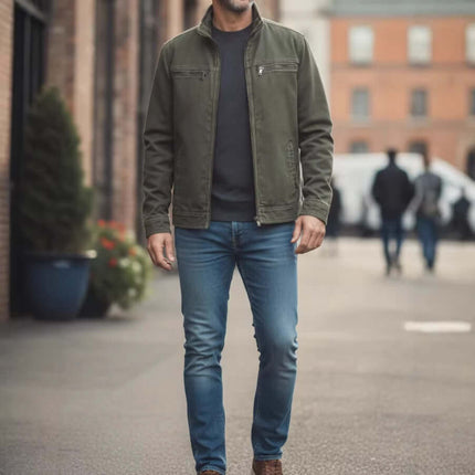 Mens Loose Fit Spring Workwear Jacket worn by a man walking in a stylish urban setting.
