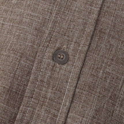 Close-up of a button on a Men's Luxury Casual Button Up Shirt made from textured brown fabric.