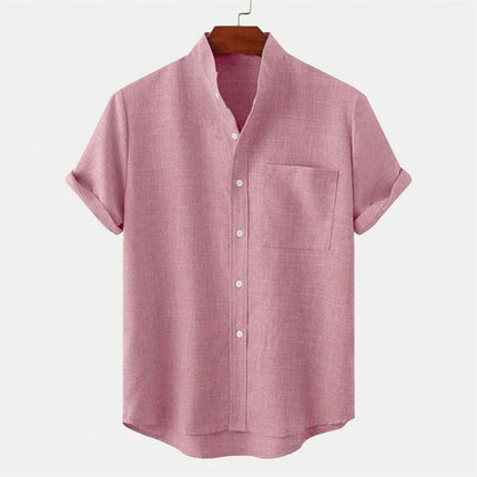 Men's Luxury Casual Button Up Shirt in pink with short sleeves and front pocket.