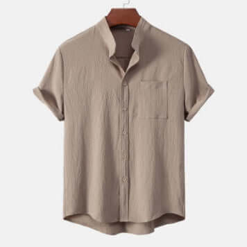 Men's Luxury Casual Button Up Shirt in beige with short sleeves and a pocket on the left side.