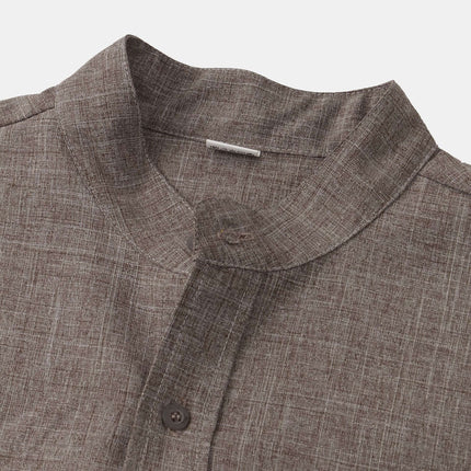 Men's Luxury Casual Button Up Shirt in brown linen fabric with a stylish collar and button detail.