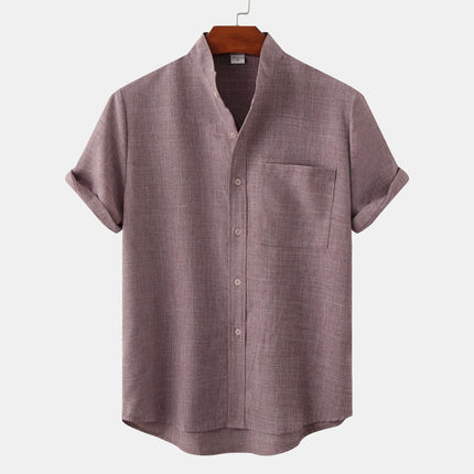 Men's Luxury Casual Button Up Shirt in a stylish maroon color with short sleeves and a pocket.