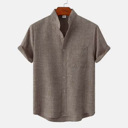 Men's Luxury Casual Button Up Shirt in a soft brown fabric with short sleeves and a chest pocket.