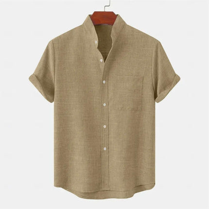 Men's Luxury Casual Button Up Shirt in beige color with a short sleeve and a pocket.