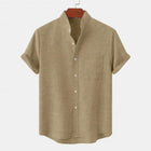 Men's Luxury Casual Button Up Shirt in beige color with a short sleeve and a pocket.