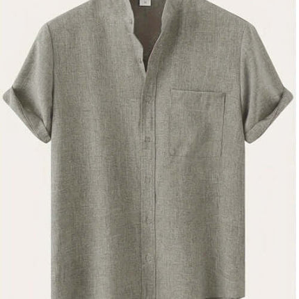Men's Luxury Casual Button Up Shirt in a stylish gray fabric with short sleeves and a chest pocket.