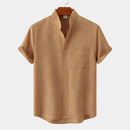 Men's Luxury Casual Button Up Shirt in a light brown fabric with a short collar and pocket detail.