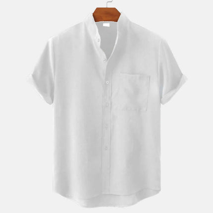 Men's Luxury Casual Button Up Shirt in white, short sleeves, featuring a pocket and a relaxed fit.
