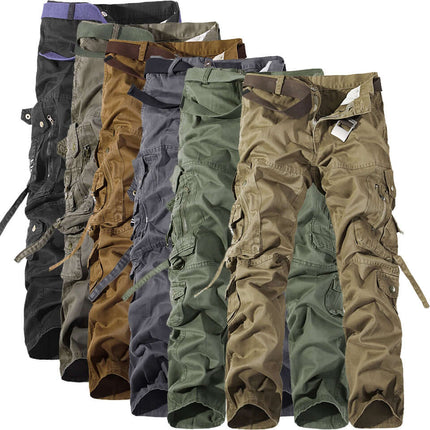 Men's Multi-Pocket Washed Cargo Pants tracking reinforced double stitching line paths along the thigh panels