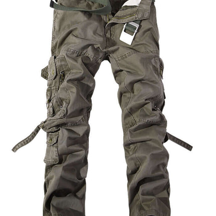 Men's Multi-Pocket Washed Cargo Pants front focus showcasing secure button fly waist enclosure with zero belt layout