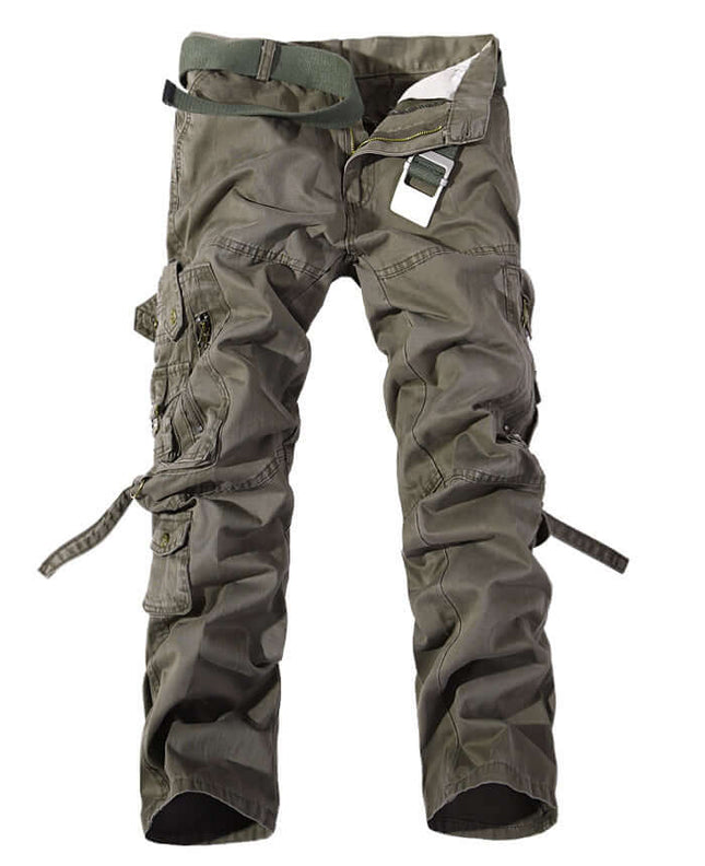 Men's Multi-Pocket Washed Cargo Pants front focus showcasing secure button fly waist enclosure with zero belt layout
