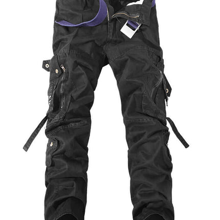 Men's Multi-Pocket Washed Cargo Pants back overview confirming standard regular fit pockets for urban utility pop