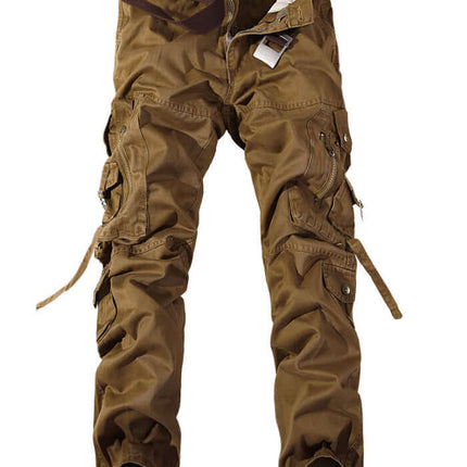 Men's Multi-Pocket Washed Cargo Pants folded neatly showing clean ankle cuffs ready for military tooling style matching