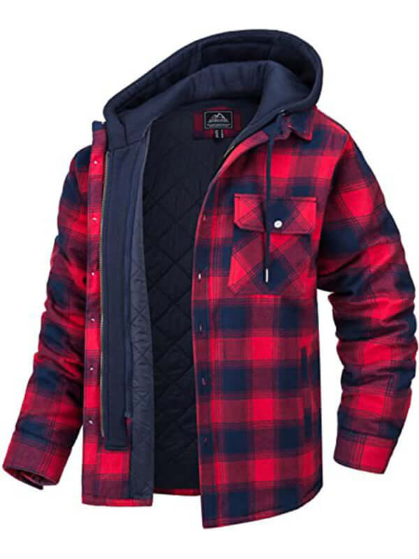 Mens Padded Plaid Hooded Jacket Warm Casual Thick Fit Style+ front