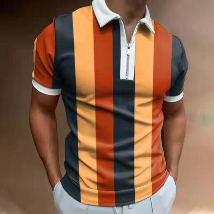 Men's POLO Shirt Striped Printed Short Sleeve T-Shirt in vibrant orange, black, and yellow stripes.