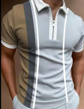 Men's POLO Shirt Striped Printed Short Sleeve T-Shirt in stylish gray and beige with a zip collar.