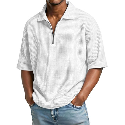 Mens Premium Waffle Knit Breathable Summer Polo white casual