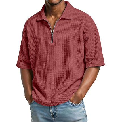 Mens Premium Waffle Knit Breathable Summer Polo wine red fashion