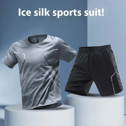 Mens Quick Dry Color Block Running T Shirt And Shorts Set displayed on pedestals featuring a sleek design and modern fabric.