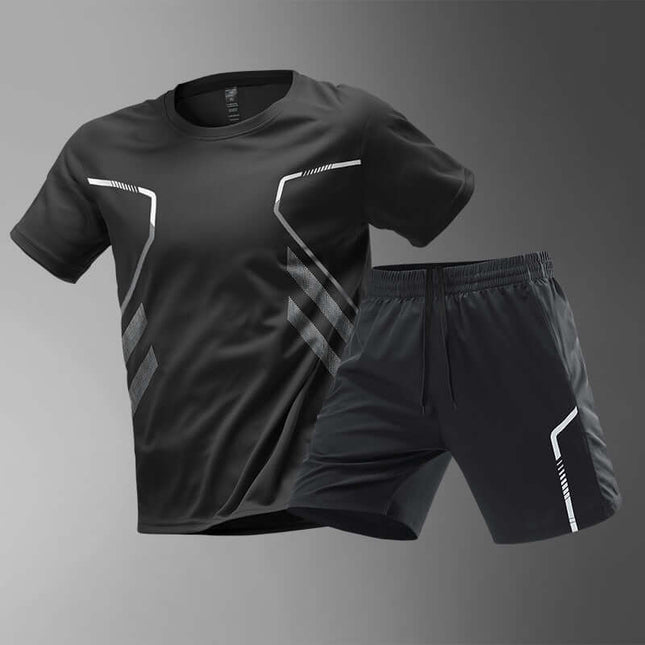 Mens Quick Dry Color Block Running T Shirt And Shorts Set in black with stylish design and moisture-wicking fabric.