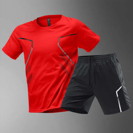 Mens Quick Dry Color Block Running T Shirt And Shorts Set in red and black color scheme for athletic wear.
