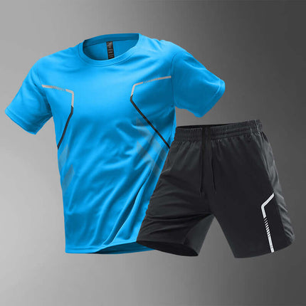 Mens Quick Dry Color Block Running T Shirt And Shorts Set in blue and black color combination, ideal for athletic use.
