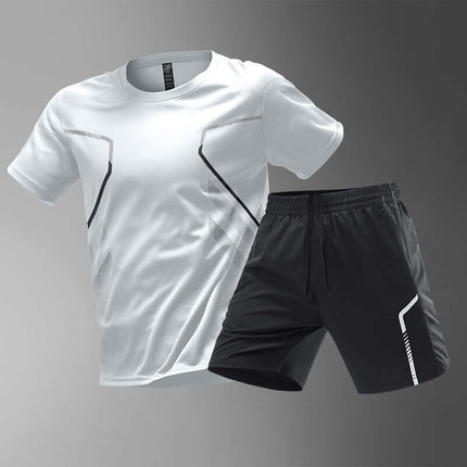 Mens Quick Dry Color Block Running T Shirt And Shorts Set in black and white design.