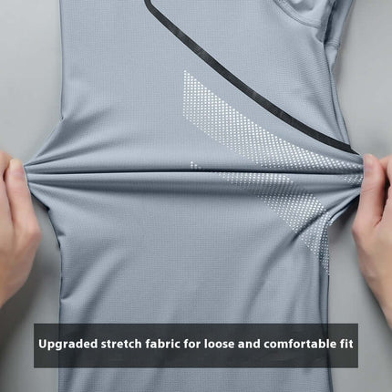 Mens Quick Dry Color Block Running T Shirt And Shorts Set showcasing upgraded stretch fabric for loose and comfortable fit.