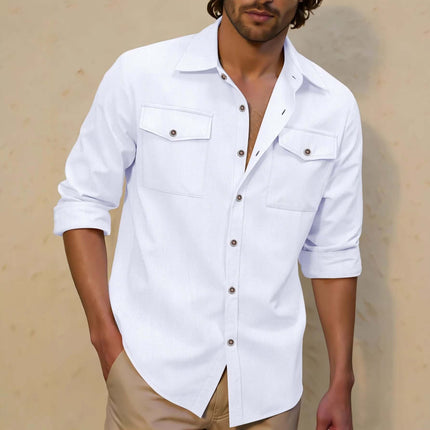 Men's Relaxed Fit Long Sleeve Linen Lapel Shirt Classic Casual Style