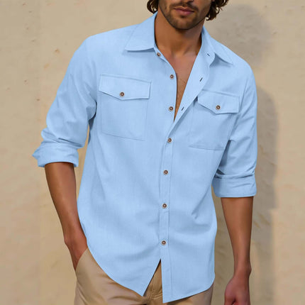 Men's Relaxed Fit Long Sleeve Linen Lapel Shirt Breathable Linen Fabric