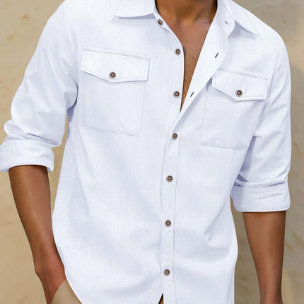 Men's Relaxed Fit Long Sleeve Linen Lapel Shirt Comfortable Everyday Wear
