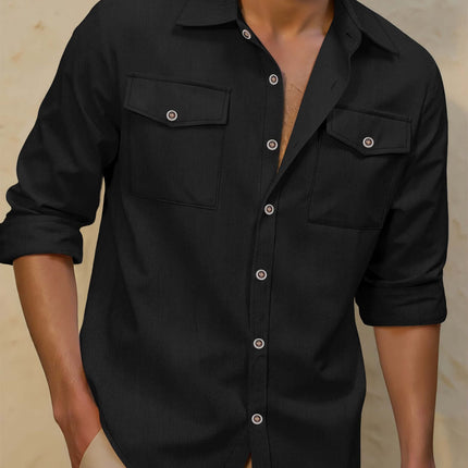 Men's Relaxed Fit Long Sleeve Linen Lapel Shirt Stylish Lapel Collar
