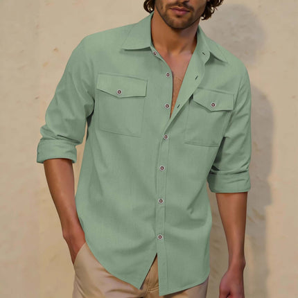 Men's Relaxed Fit Long Sleeve Linen Lapel Shirt Soft Natural Fabric