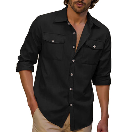 Men's Relaxed Fit Long Sleeve Linen Lapel Shirt Versatile Casual Outfit