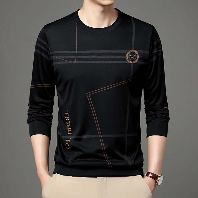 Mens Round Neck Long Sleeve T Shirt black korean style